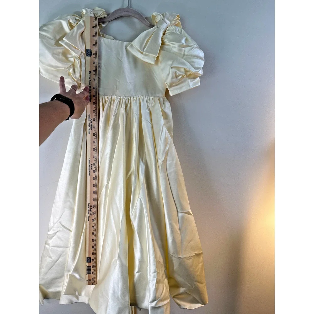 Girls Ivory Satin Flower Girl Dress Puff Sleeve Bow Formal Wedding Size 5 6 - Picture 6 of 7